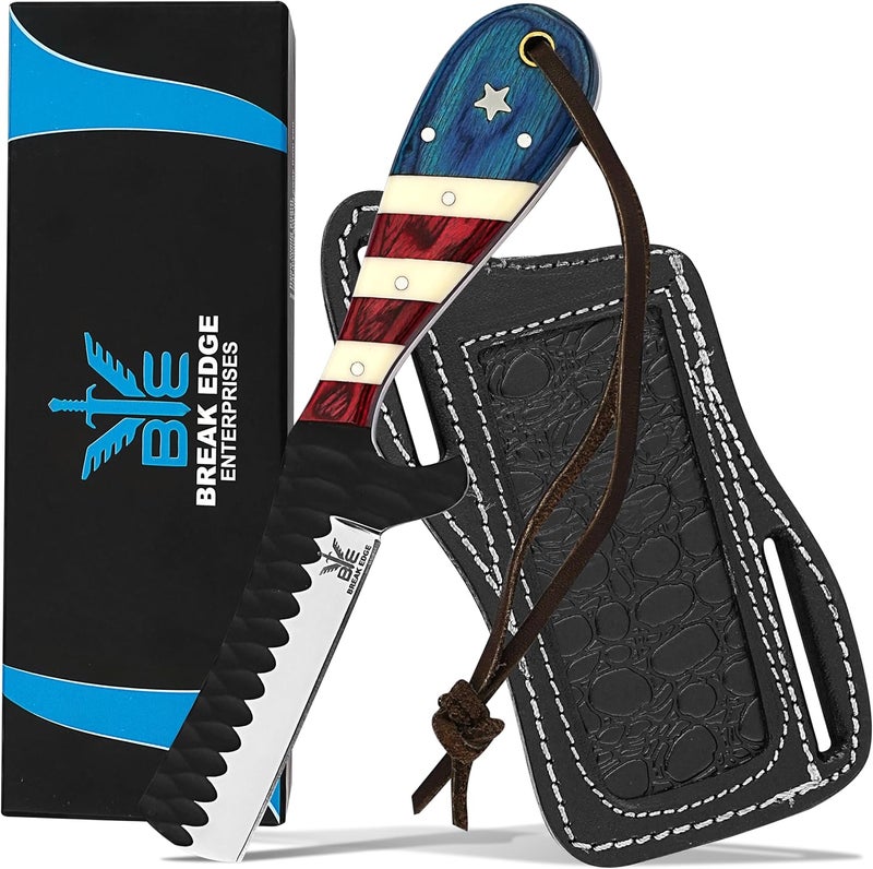 BE BREAK EDGE Hand made cowboy Bull Cutter with Leather Sheath, Hand forged multi colour Handle Cowboy Knife, Best Gift for Boy Friend. - Image 1